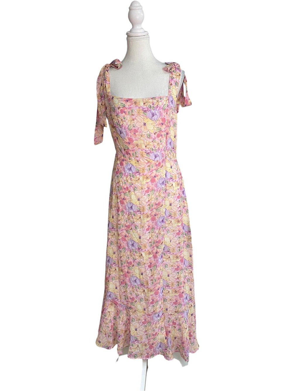Lulus Summer Invite Tie-Shoulder Tiered Midi Dress Pink Floral